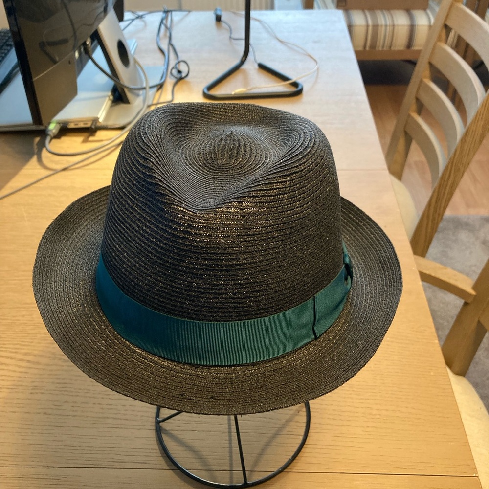 Borsalino blue braided hemp Trilby with green band. 59
